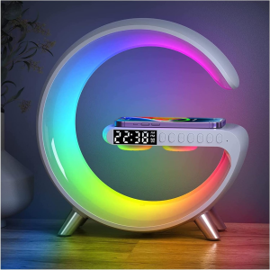 Smart LED Table Lamp, 4-in-1 Wireless Charger, Night Light, Alarm Clock, and Bluetooth Speaker with App Control for Bedroom, Office, and Home Decor